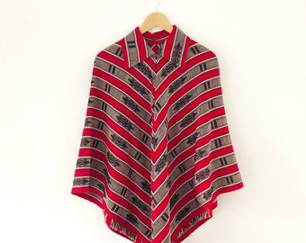 Vintage Southwestern Striped Print Collared Poncho Cape with Fringe