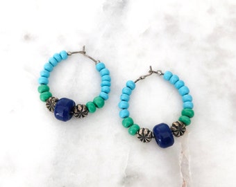 Vintage 90s Blue and Green Beaded Flower Hoop Earrings