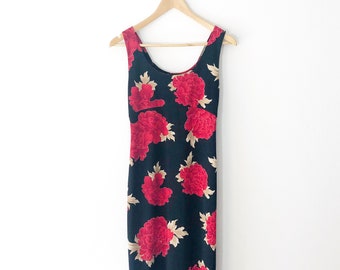Vintage 90s Long Black and Red Sleeveless Floral Print Dress, Size S