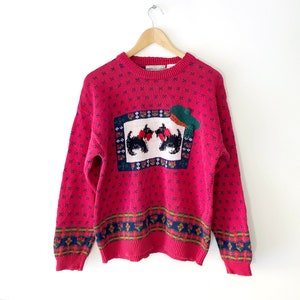 Vintage 90s Hand Embroidered Red Knit Scottie Dogs 3D Sweater, Size L
