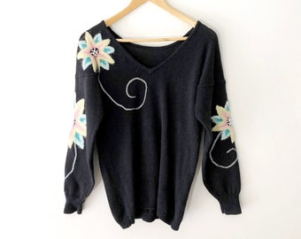 Vintage 80s Black V-Neck Sweater with Embroidered Beaded Pearl Flowers, Size S