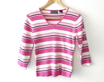 Vintage 90s Pink and White Striped Ribbed V-Neck Top, 100% Cotton, Size Small