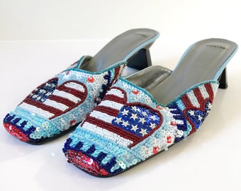 Vintage 90s Beaded American Flag Heart Square Toe Slip On Heels, Size 6.5