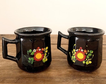 Vintage Set of 2 Hand Painted Floral Mexican Ceramic Coffee Mugs