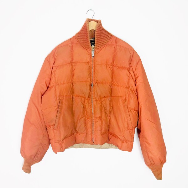 Vintage 1970s Orange Goose Down Quilted Puffer Jacket, Made in USA, Size XL