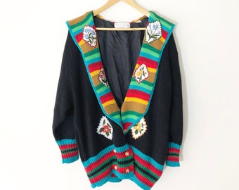 Vintage Chunky Knit Black and Rainbow Striped Sweater Jacket with Embroidered Floral Patches, Wool Blend, One Size