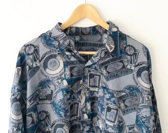 Vintage 90s Travel Stamp Print Button Up Shirt, Size XL