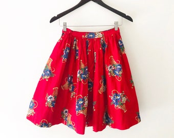 Vintage Red and Blue Floral Print High Waisted Skirt, Size XS