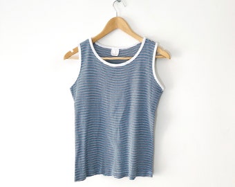 Vintage 90s Blue, White and Black Striped Ribbed Tank Top, 100% Cotton, Made in Canada, Size XL