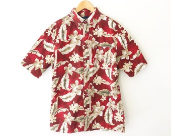 Vintage Oversized Red and Beige Hawaiian Floral Print Short Sleeve Button Up Shirt, 100% Cotton, Size S