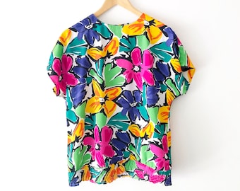 Vintage 80s 90s Colorful Floral Print Short Sleeve Blouse, Size XL