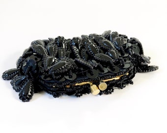 Vintage 60s Mini Black Sequin Beaded Fringe Coin Purse Wallet Clutch