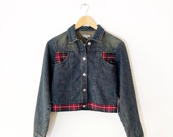 Vintage 90s Unisex Kids Dark Blue Jean Jacket with Red Plaid Trim, Size 13/14