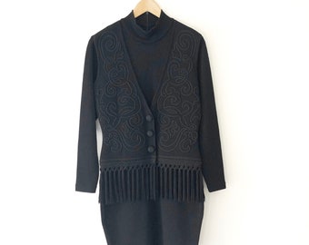 Vintage 80s Black Long Sleeve Fringe Dress, 100% Wool, Size S