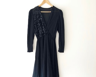 Vintage 80s Sheer Black Sequin Party Dress, Long Sleeve Dress, Elastic Waist, Belt Loops, Size M