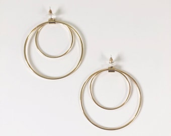 Vintage 90s Gold Tone Oversized Double Hoop Stud Earrings