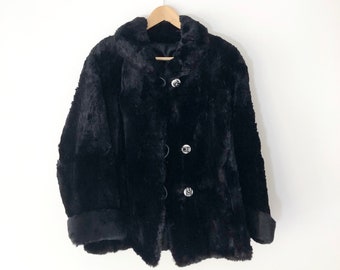 Vintage 1960s Women's Black Rabbit Fur Jacket with Marbled Buttons and Emrbroidered Lining, Size M