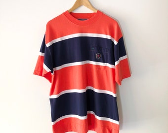 Vintage Tommy Hilfiger Blue and Orange Striped Embroidered Logo T-Shirt with Pocket, 100% Cotton, Size L