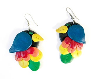 Vintage Handmade Rainbow Tropical Bird Clay Statement Earrings