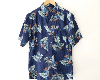 Vintage Navy Floral Print Short Sleeve Button Up Shirt, 100% Cotton, Size S