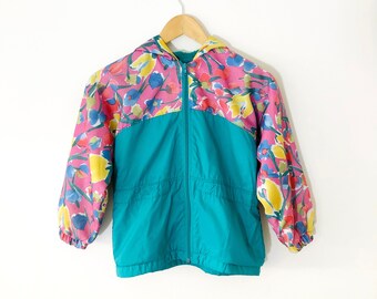 Vintage 90s Kids Floral Print and Green Colorblock Fleece Lined Windbreaker Jacket, Made in Canada, Size 6X