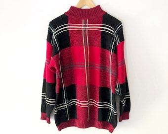 Vintage 90s Red and Black Plaid Knit Oversized Mockneck Sweater, 100% Cotton, Size M