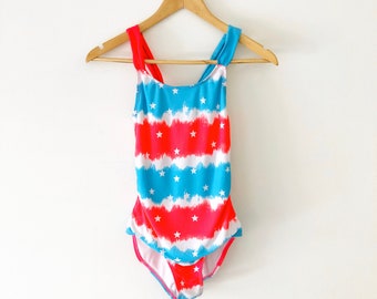 Vintage 90s Red White and Blue Stars and Stripes One Piece Swimsuit with Criss Cross Back, Size L