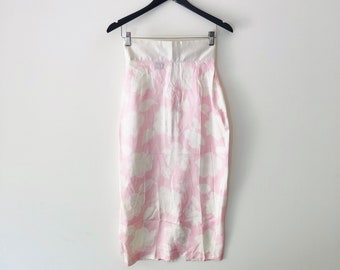 Vintage Pink and White Floral Print High Waisted Maxi Pencil Skirt, Size M