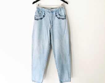 Vintage 90s Light Blue Gitano High Waisted Jeans with Black Embroidery, 30" Waist