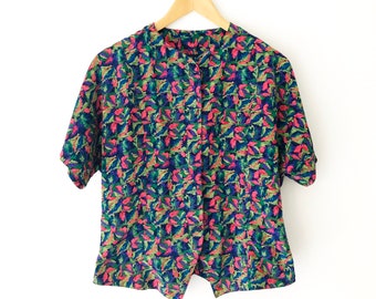 Vintage 90s Multicolor Abstract Leaf Print Short Sleeve Blouse, Made in Canada, Size S