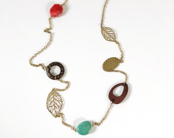 Vintage 90s Long Leaf Chain Necklace with Stone and Wood Beads