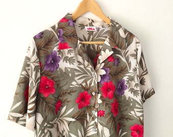 Vintage 90s Plus Size Tropical Hawaiian Floral Print Polyester Crinkle Fabric Blouse, Size 14