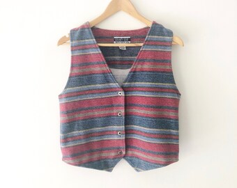Vintage 90s Striped Fleece Vest with Silver Buttons, Size S