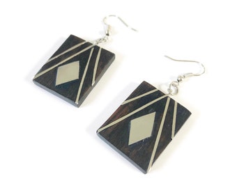 Vintage 90s Wood and Metal Geometric Rectangle Dangle Earrings