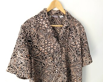 Vintage 90s Black and Brown Floral Geometric Print Short Sleeve Polyester Blouse, Size 10