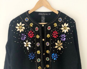 Cardigan Sweater Black Lavished with Copper and Bronze Glass Beads Lambswool Angora Silky Lining Vintage c.1960 Dulcie Creations Chest 36