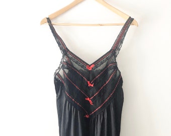 Vintage 1970s Long Black and Red Lace Slip Dress, Size M