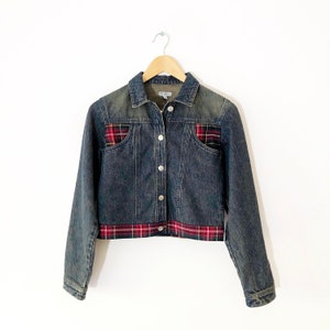 Vintage 90s Unisex Kids Dark Blue Jean Jacket with Red Plaid Trim, Size 13/14