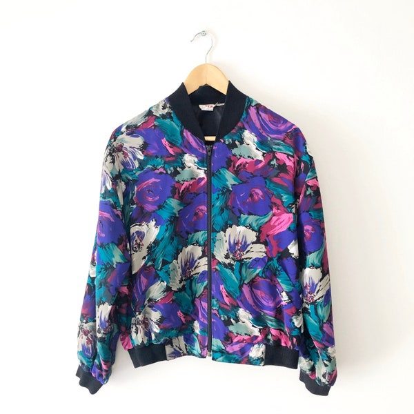 Vintage 90s Floral Print Bomber Jacket, 90s Women's Clothing, 90s Streetwear, 90s Hip Hop Clothing, Vintage Bomber, Size S