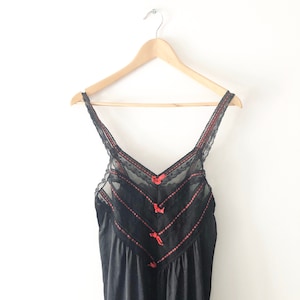 Vintage 1970s Long Black and Red Lace Slip Dress, Size M