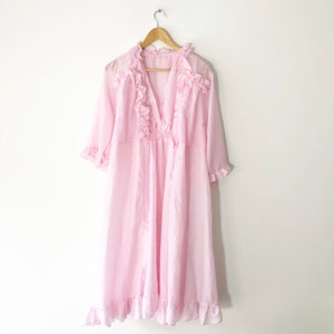 Vintage Sheer Pink Floral Embroidered Ruffle Nightgown and Robe Set, Made in Italy