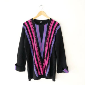 Vintage 90s Black Knit Sweater with Pink and Purple Chevron Design, Size M