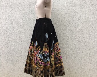 SALE Vintage 1950s Hand-Painted Mexican Velvet Circle Skirt, Sequin Skirt, 40s Women's Clothing, Size XS