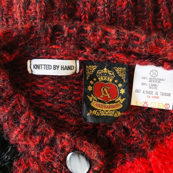 Vintage Fuzzy Hand Knit Red and Black Patchwork P… - image 6