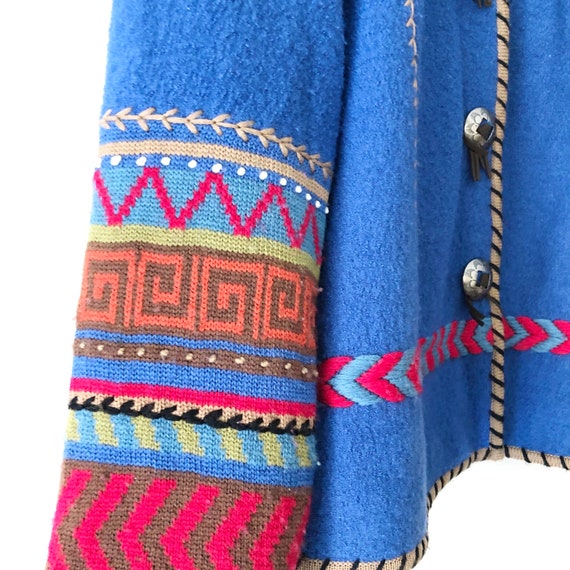 Vintage 90s Blue Wool Boho Southwest Embroidered … - image 5