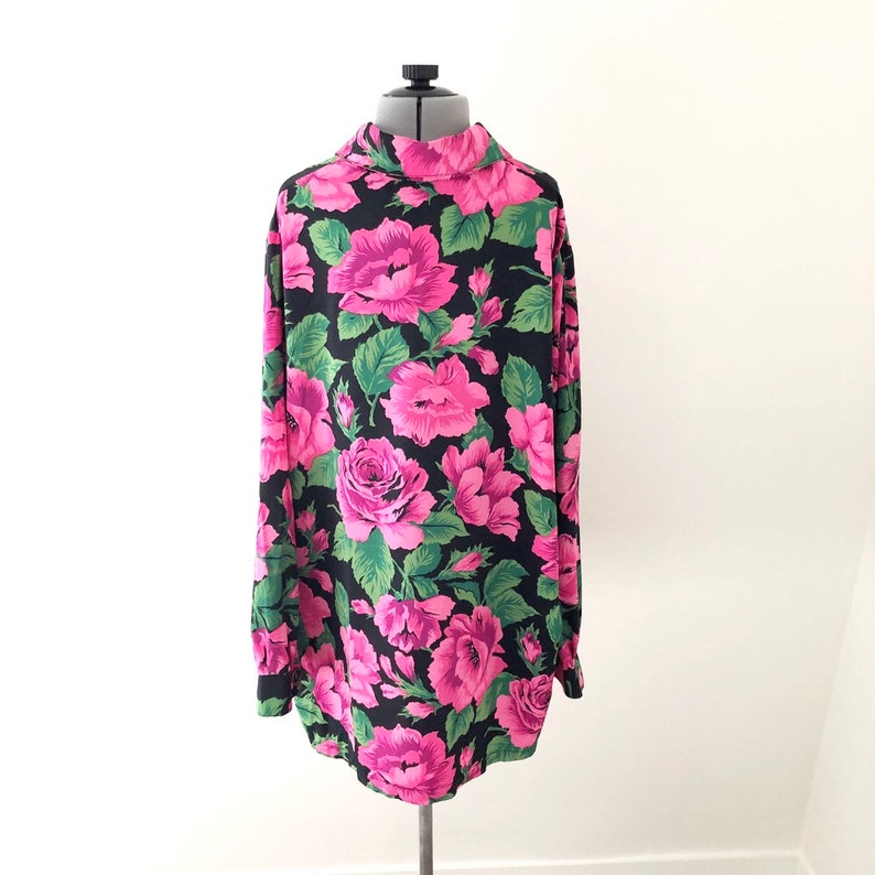 Made in Canada Size L Vintage 80s Long Oversized Floral Print Blouse