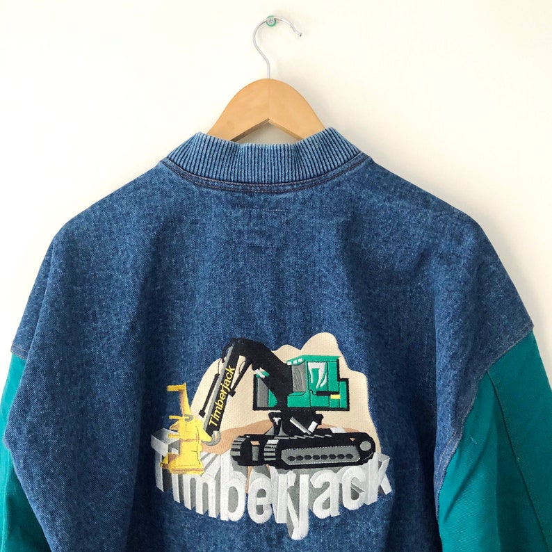 Made in Canada Size XXL Vintage 90s Blue Denim and Turquoise Colorblock Embroidered Timberjack Jacket