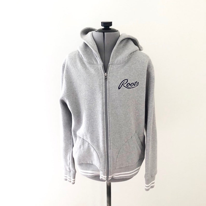 Size M Vintage 90s Roots Canada Women/'s Grey Embroidered Sweatshirt with Convertible Hood
