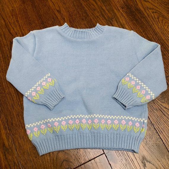 Vintage 90s Kids Light Blue Knit Cotton Sweater w… - image 1