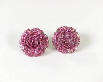 Vintage 90s Oversized Pink Glitter Flower Rose Stud Earrings